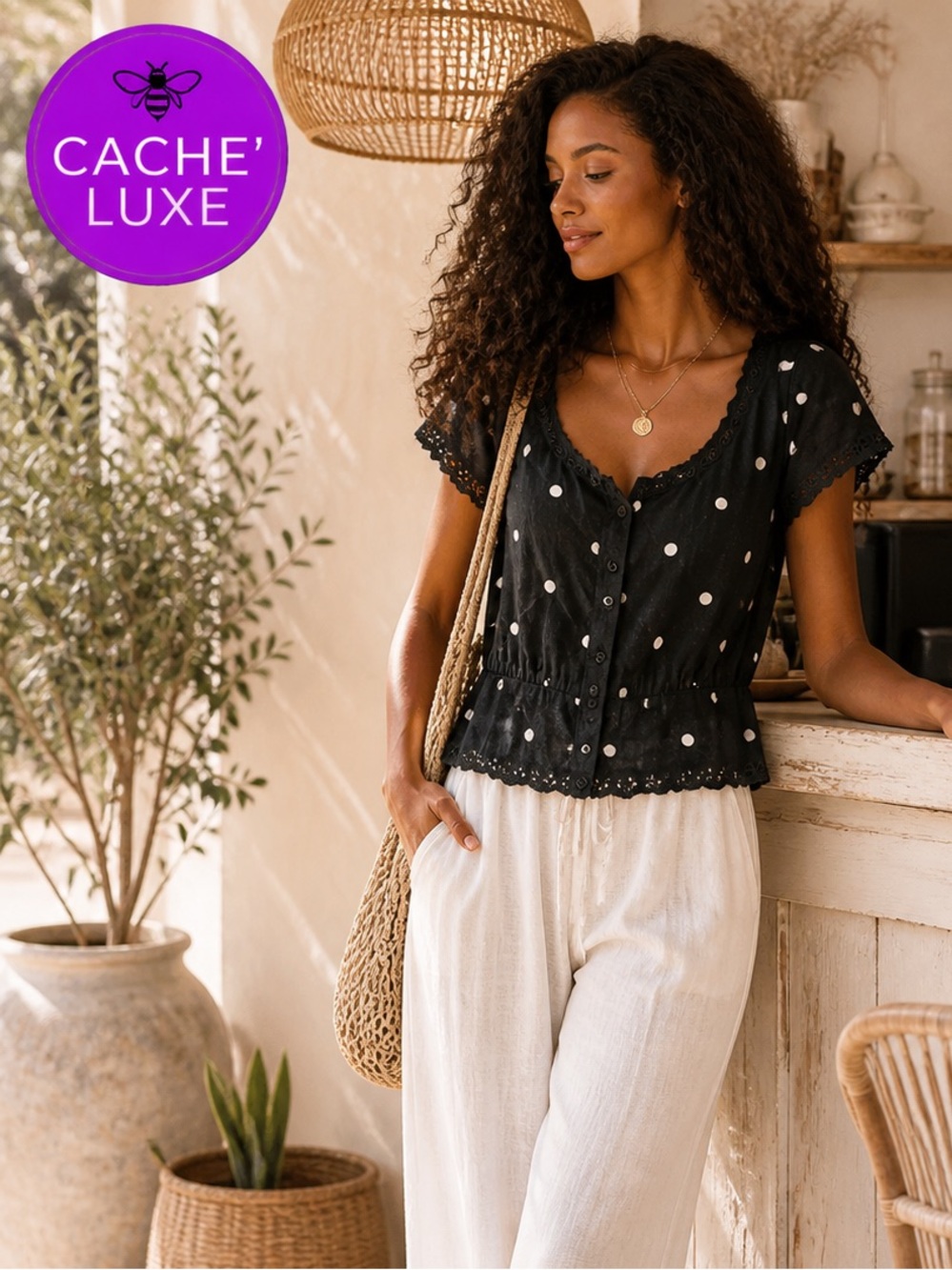 a new day black and white polkadot top L